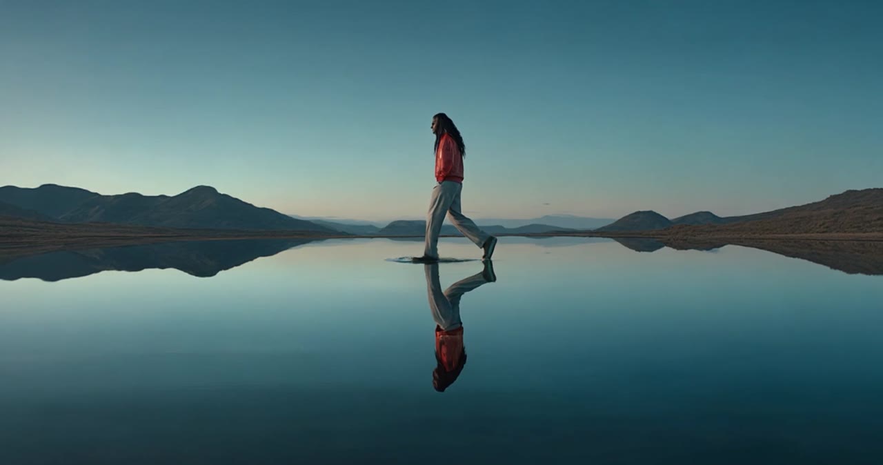 Walking on still water at dusk