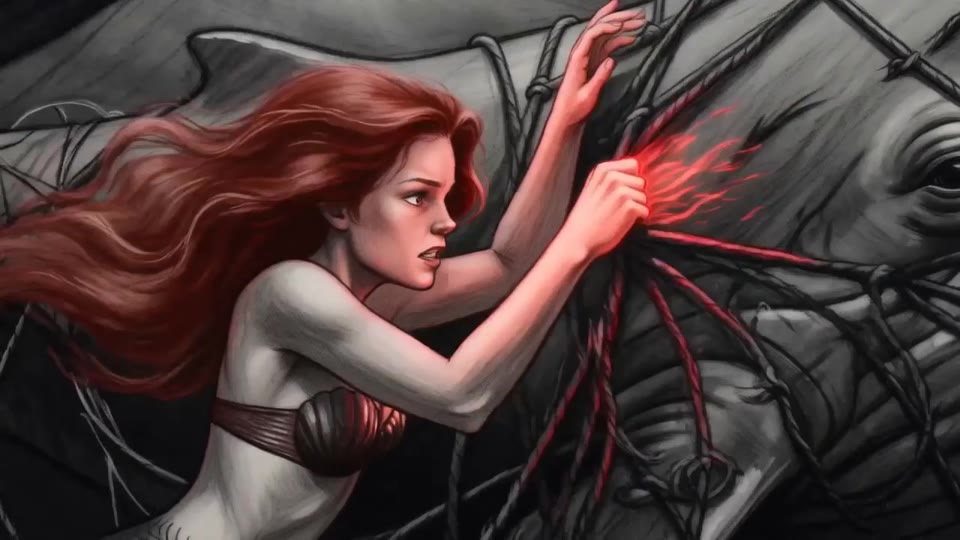 Red mermaid cutting the net