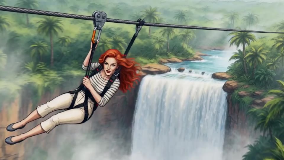 Zipline over a waterfall
